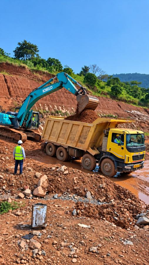 Earthmoving contractor Odisha – Kobelco excavator, crew in safety gear