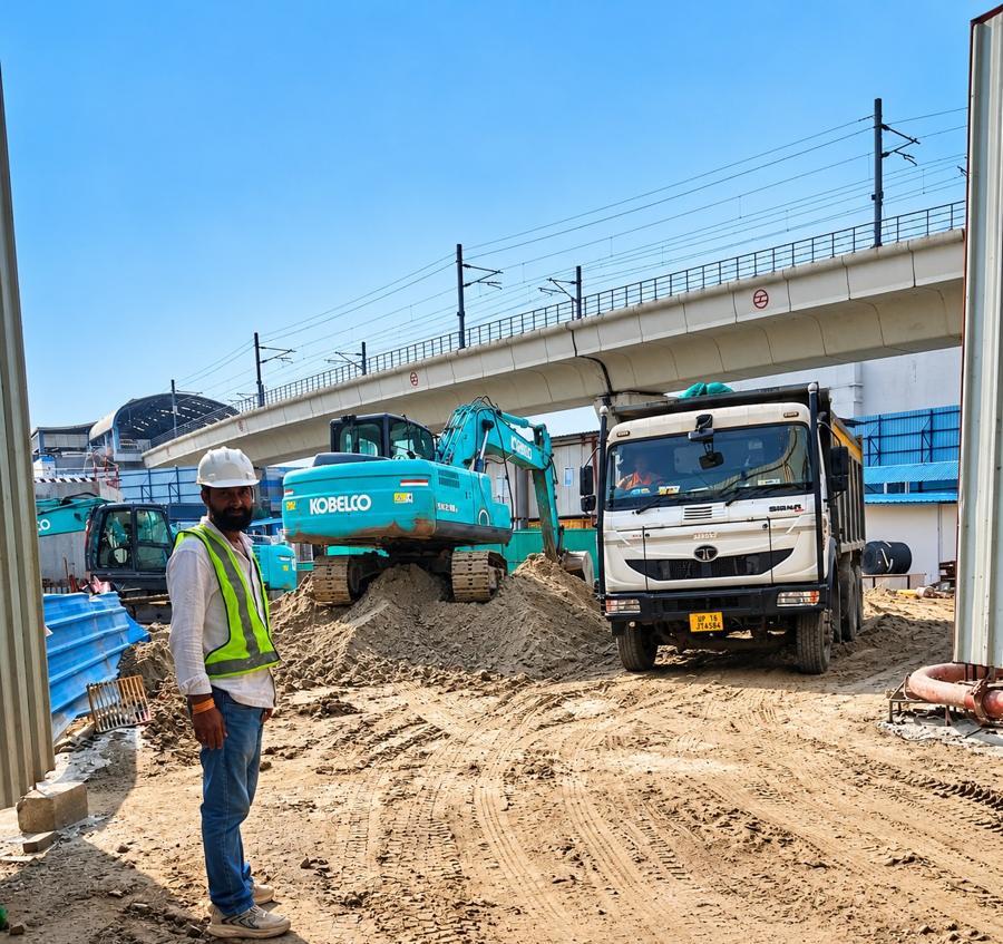 Excavation contractor in Noida – Kobelco excavator with site supervisor