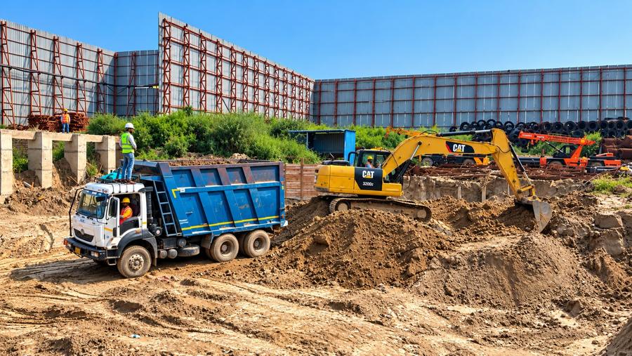 Excavation crew with helmets and safety vests, Noida