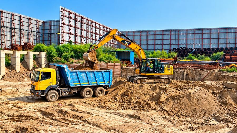 Excavator loading dumper for muck disposal, Noida