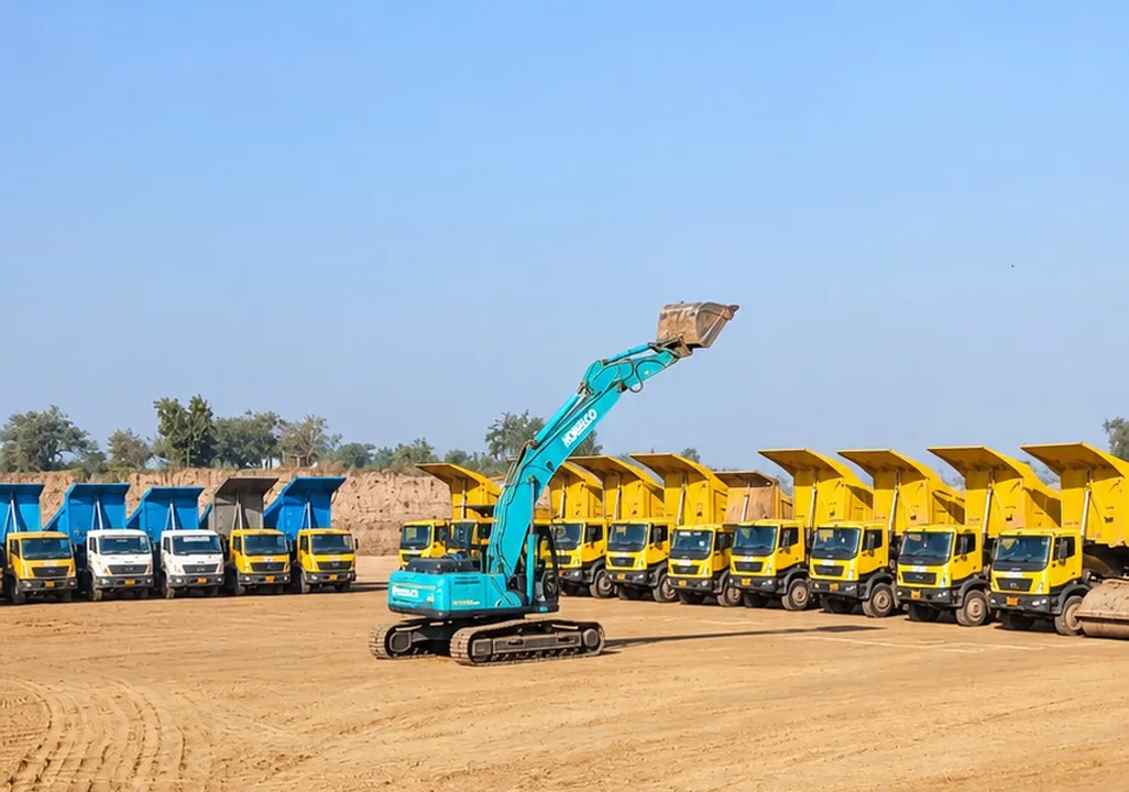 Excavator in front of a line of tippers at a Durga Buildwell site